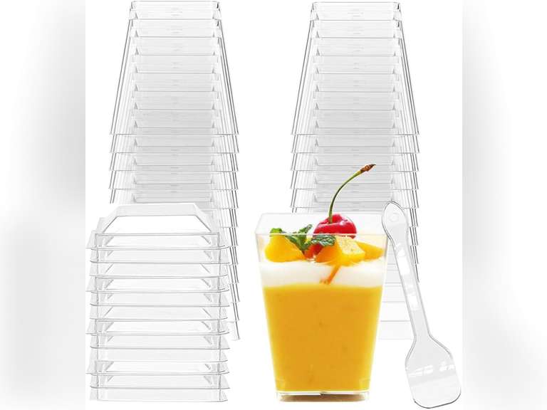 100pcs 5 oz Plastic Dessert Cups Square Parfait Cups with Lids and Spoons Clear Plastic Square Desserts Cups for Appetizers, Puddings, Mousse, Parfait Ice Cream 24