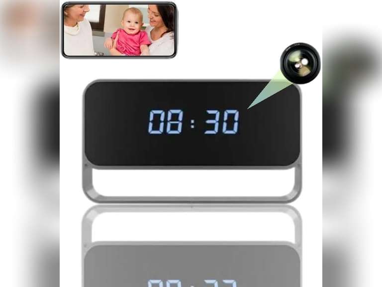 Security Camera with Alarm Clock, Nanny Cams Wireless with Cell Phone App, Home Surveillance HD Camera with Night Vision/Motion Detection, BLACK, FF-AB1 54