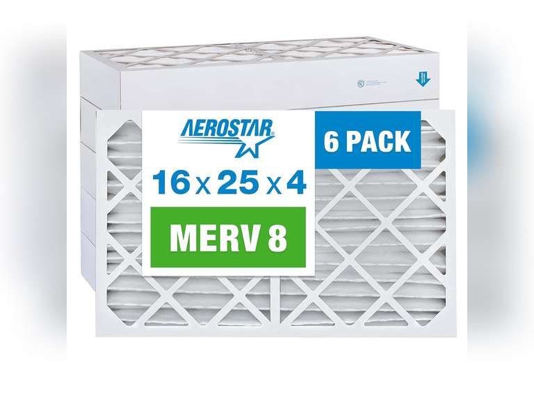 Aerostar 16x25x4 Air Filter MERV 8 (For Allergies, Dust, Lint, Mold & Pet Dander) - Electrostatic MPR 600 & FPR 5 - Pleated HVAC AC Furnace Air Filters - Pack of 6 91
