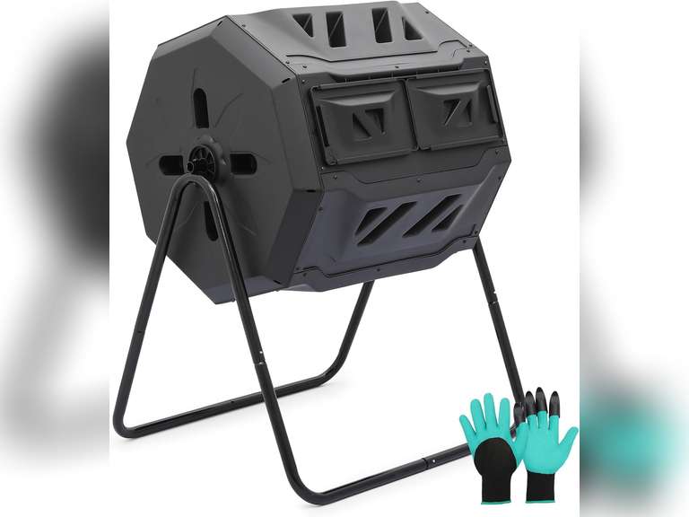 MoNiBloom 43 Gallon Compost Tumbler, Outdoor BPA Free Large Dual Chamber Tumbling Compost Bin All-Season Fast Working Tumbling Composter, High Volume Composter with 2 Sliding Doors 75