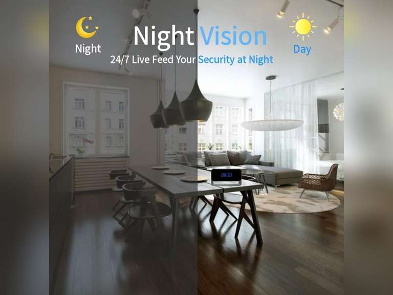 Security Camera with Alarm Clock, Nanny Cams Wireless with Cell Phone App, Home Surveillance HD Camera with Night Vision/Motion Detection, BLACK, FF-AB1 54