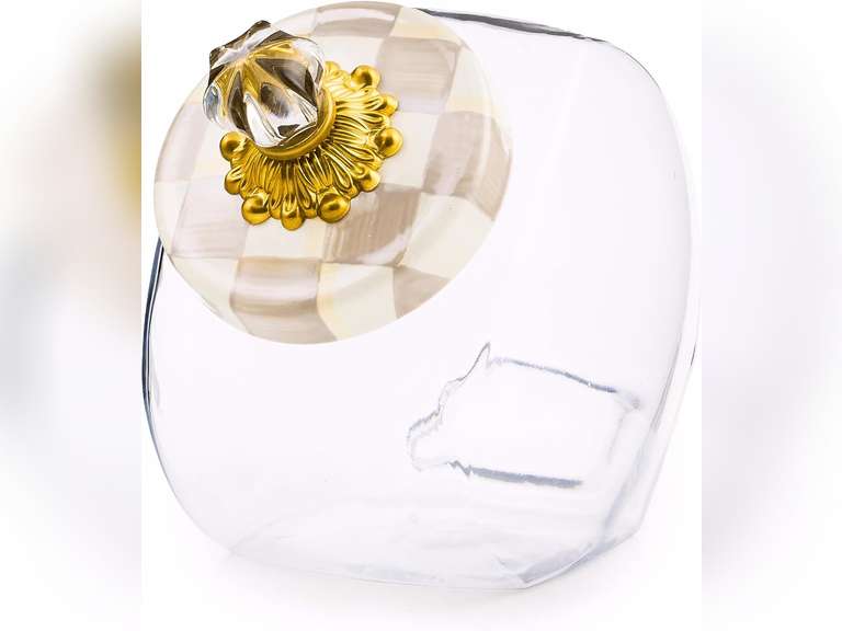 MACKENZIE-CHILDS Sweets Jar with Enamel Lid, Small Glass Cookie Jar or Kitchen Jar, 0.5-Gallon Capacity, Brown-and-White Mocha Check 66