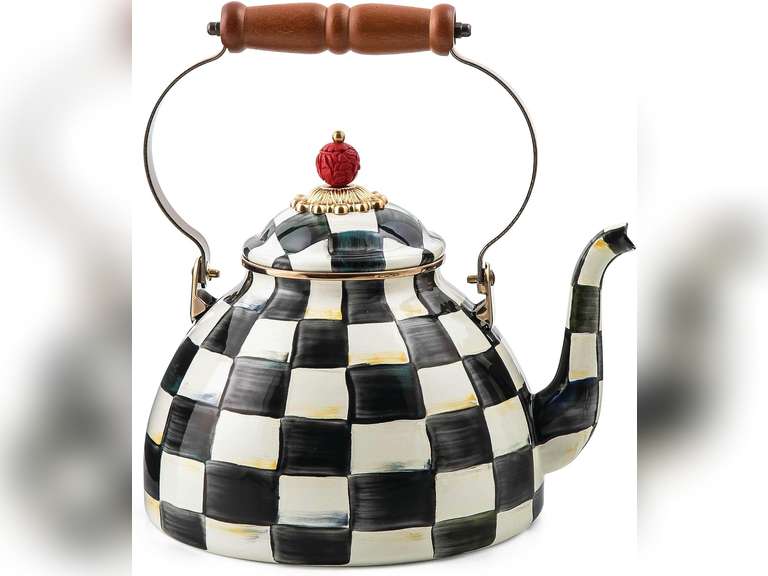 MACKENZIE-CHILDS Enamel Tea Kettle, Stylish Tea Kettle for Stovetop, Black-and-White Courtly Check, 3 Quarts 200