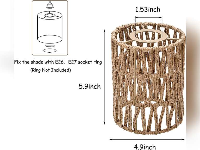 1 Pack Rattan Lamp Shade Small, Boho Hanging Light Shades Vintage Pendant Light Shade Replacement, Cylinder Woven LampShades for Floor Lamps Pendant Light Chandelier Wall Sconces Light Fixture Shades 13