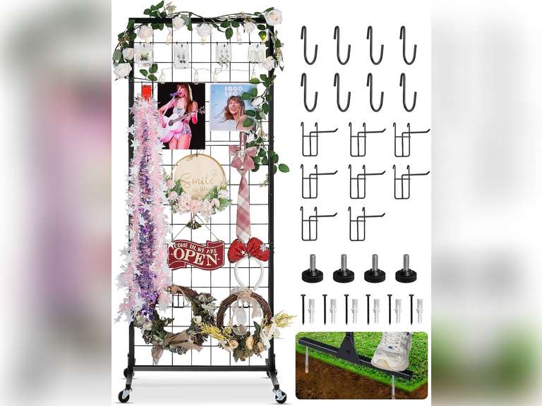 Gridwall Panel Display Stand Rack- Heavy-Duty Movable Wire Gridwall Display Racks with Wheels and Feet, Floorstanding and Wall Mount Double Side Display Stand (Black) (Black, 1 pc) 70