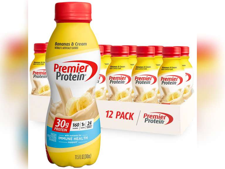 Premier Protein Shake, Bananas & Cream, 30g Protein, 1g Sugar, 24 Vitamins & Minerals, Nutrients to Support Immune Health, 12 Pack 31