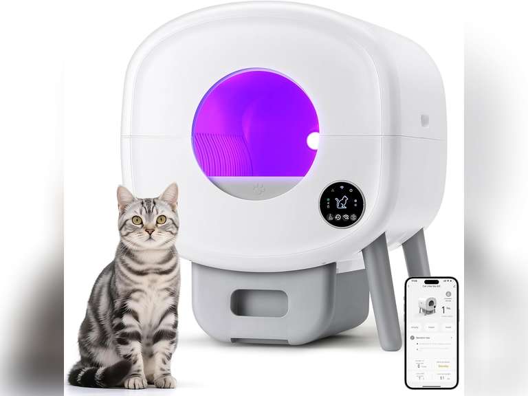 Self Cleaning Litter Box,Large Capacity Automatic Cat Litter Box Self Cleaning for Multiple Cats with App Control and Safety Protection,2 Roll Litter Bags,White 250