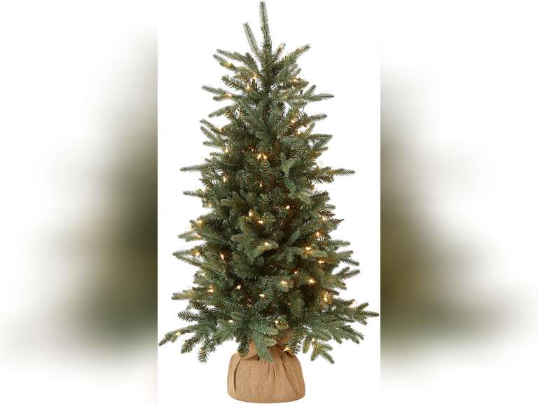 National Tree Company Pre-lit Artificial Mini Christmas Tree | Includes Small Lights and Cloth Bag Base | for Tabletop or Desk | Burlap-4 ft, 4', Green 96
