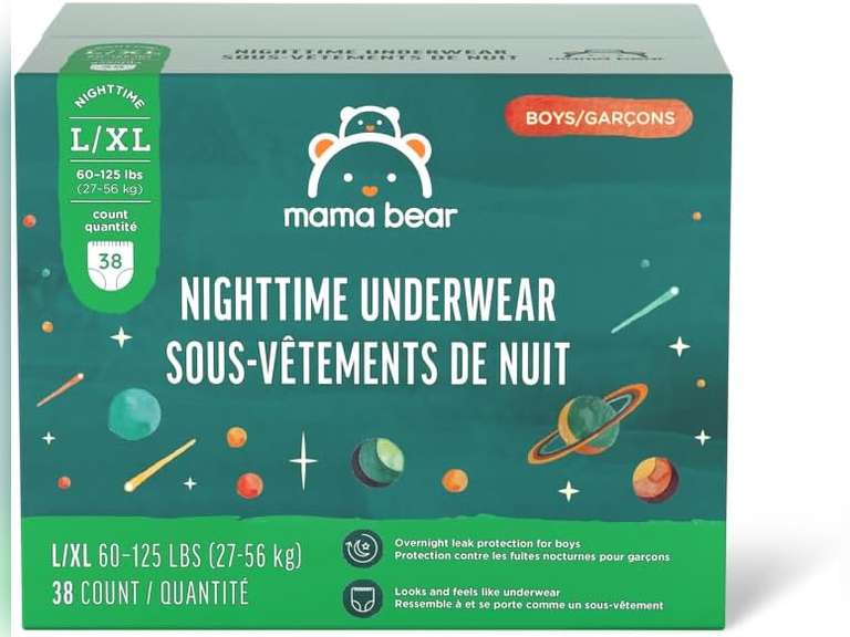 Amazon Brand - Mama Bear Boy's Nighttime Bedwetting Underwear for Overnight Protection, Hypoallergenic, Size L/XL (60-125 lbs), 38 Count, White 25
