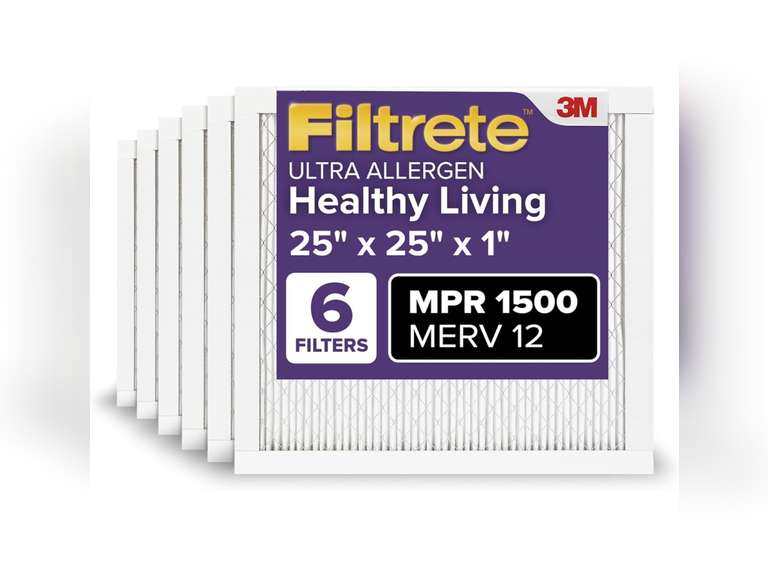 Filtrete 25x25x1 AC Furnace Air Filter, MERV 12, MPR 1500, CERTIFIED asthma & allergy friendly, 3 Month Pleated 1-Inch Electrostatic Air Cleaning Filter, 6-Pack (Actual Size 24.81x24.81x0.78 in) 106