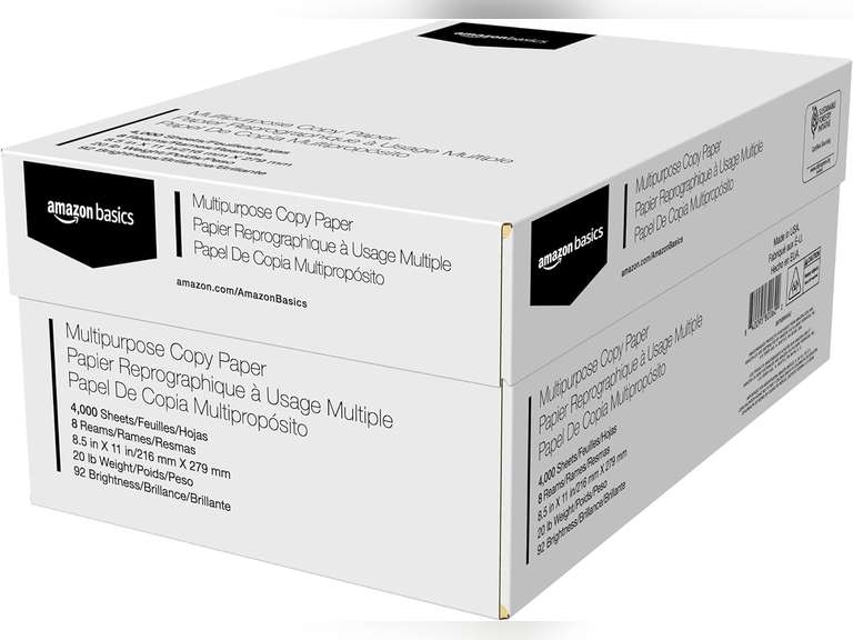 Amazon Basics Multipurpose Copy Printer Paper, 8.5" x 11", 20 lb, 8 Reams, 4000 Sheets, 92 Bright, White 44