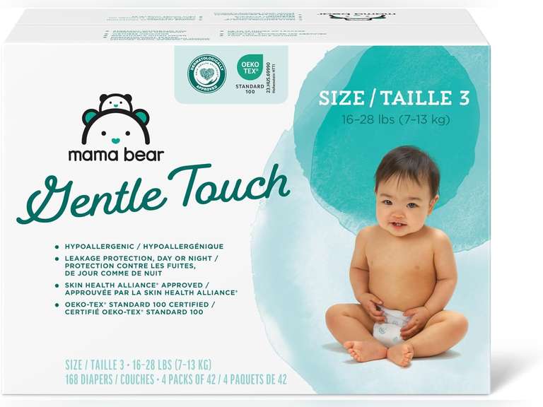Amazon Brand - Mama Bear Gentle Touch Diapers, Hypoallergenic, Size 3, 168 Count (4 packs of 42), White 32