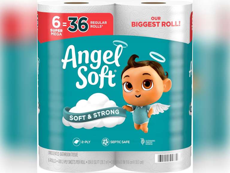 Angel Soft Toilet Paper, 6 Super Mega Rolls = 36 Regular Rolls, Soft and Strong Toilet Tissue 6