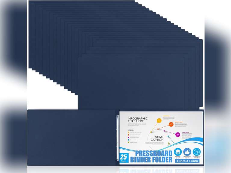 25 Pcs 11x17 Inch Pressboard Report Cover, 3" Capacity Presentation Binder Folder with Metal Prong Paper Fastener to Neatly Bind Reports, Proposals, Transcripts, Other Documents (Navy Blue) 73