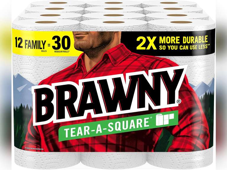 Brawny Tear-A-Square Paper Towels, 12 Family Rolls = 30 Regular Rolls, 2X More Durable*, 3 Sheet Sizes, Strong and absorbent extra-large roll 27