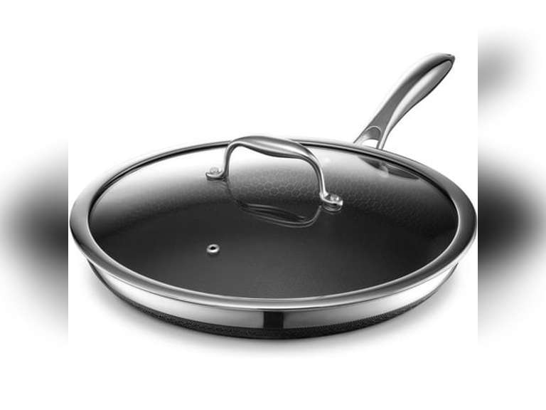 HexClad 12 inch Hybrid Stainless Steel Frying Pan with Glass Lid, Nonstick 200