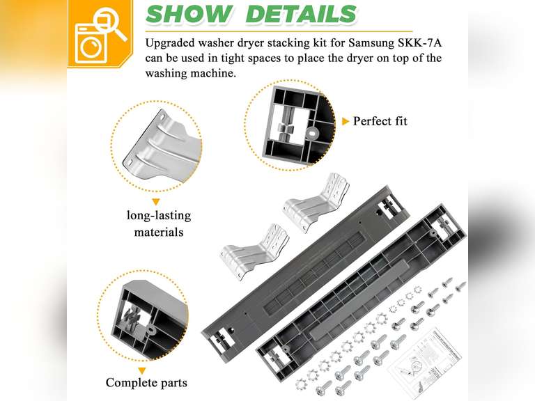 SKK-7A SKK8K Stacking Kit Fit for Samsung Washer & Dryer 27 Inch Front Load Laundry by Techecook - 2024 UPGRADED Samsung laundry stacking kit Replaces for SKK-7A SK-5A SK-5AXAA SKK-8K 27
