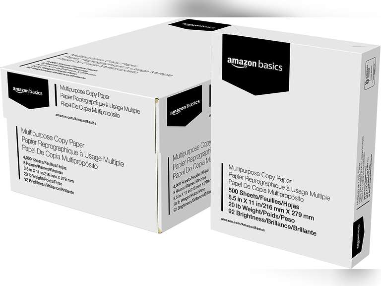 Amazon Basics Multipurpose Copy Printer Paper, 8.5" x 11", 20 lb, 8 Reams, 4000 Sheets, 92 Bright, White 44