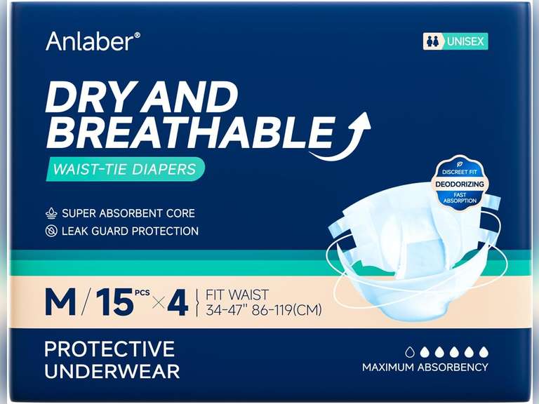 Adult Diapers with Maximum Absorbency, Unisex Disposable Incontinence Underwear with Tabs, Odor Control, Medium, 33.8'~46.8', 60 Count 60