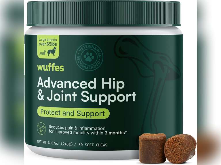 Wuffes Advanced Dog Hip and Joint Supplement with Glucosamine, Chondroitin, Omega 3, MSM, and Green Lipped Mussel, 30 Pork Flavored Chews for Large Dog Breeds 50