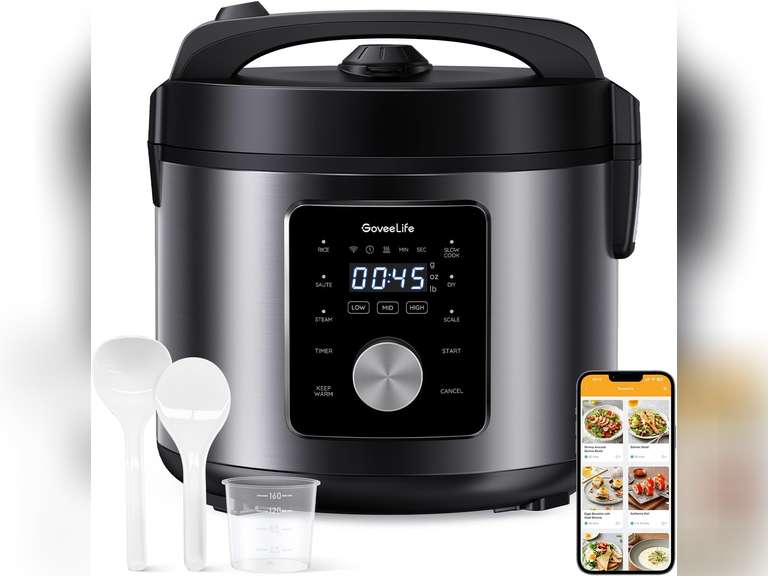 GoveeLife Smart Rice Cooker, 6-in-1 Multi-Cooker, Slow Cooker, Yogurt Maker, Saute Pan, Steamer, Food Warmer, 1000W, 10-Cup Uncooked 5.2 Quart, Includes App with 33 Recipes 50