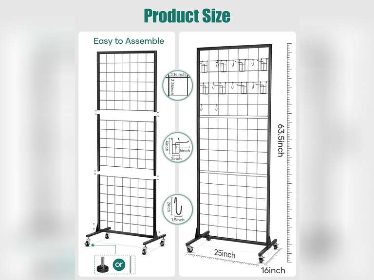 Gridwall Panel Display Stand Rack- Heavy-Duty Movable Wire Gridwall Display Racks with Wheels and Feet, Floorstanding and Wall Mount Double Side Display Stand (Black) (Black, 1 pc) 70
