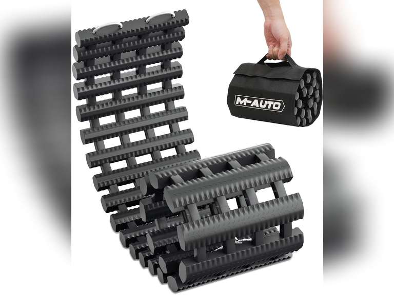 M-AUTO Snow Tire Traction Mats Portable Recovery Tracks for Vehicle in Mud, Snow, Ice, and Sand, 32" Coilable Recovery Emergency Devices with Storage Bag, Load 7.7 Ton 29
