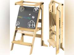 Toddler Tower Foldable - Kids Kitchen Step Stool with 3 Adjustable Heights & Safety Rail, Montessori Tower with Chalkboard for Learning, Standing Tower Helper Stool for Kitchen Counter Sink (Natural) 89