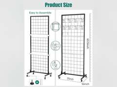 Gridwall Panel Display Stand Rack- Heavy-Duty Movable Wire Gridwall Display Racks with Wheels and Feet, Floorstanding and Wall Mount Double Side Display Stand (Black) (Black, 1 pc) 70