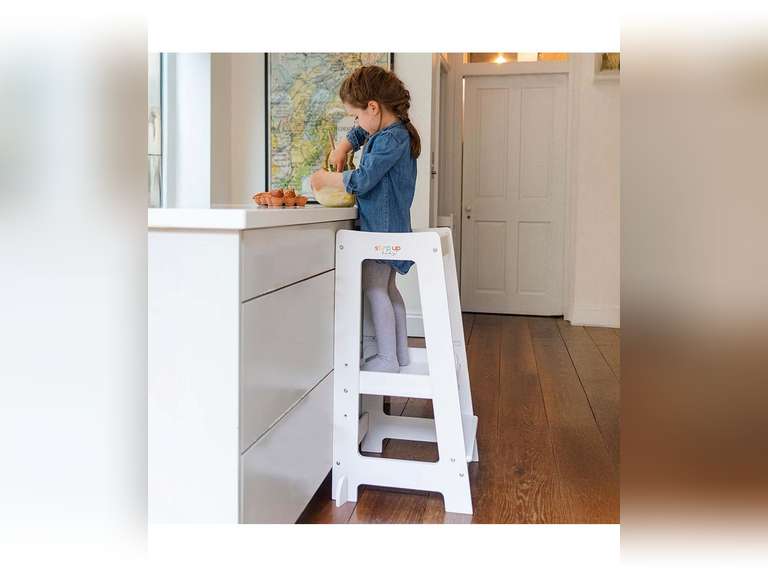 Stepup Baby Toddler Tower Step High Chair | Montessori Inspired | Wooden Step Stool for Preschool Kids | Adjustable for 18 Month - 5 Years | Includes Safety Rail - Natural - White 130