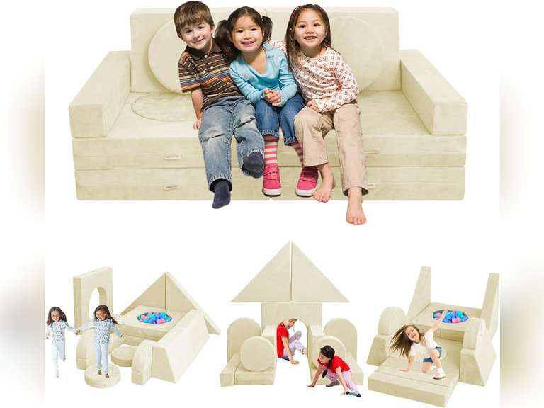 16Pcs Modular Kids Play Couch,Kid Furniture Foam Sofa for Playroom,Kids Couch Building Fort, Convertible Foam Sofa Cushion for Boys and Girls (Beige) 120