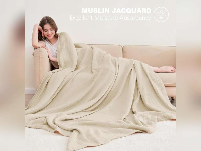 Cosy Family 4 Layer Muslin Bed Blanket - Breathable and Lightweight Gauze Boho Blanket for Spring, Soft 100% Cotton Muslin Blanket, Light Tan, 55x80 Inches 19