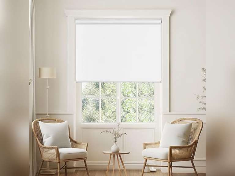 ChrisDowa Cordless 100% Blackout Roller Shade, with Striped Jacquard, Thermal Insulated, UV Protection Fabric, Total Blackout Blinds for Window, French Doors, Home and Office. White, 44" W x 72" H 66