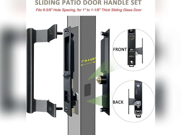 Sliding Glass Door Handle Set with Lock - Easy to Install,Patio Sliding Door Handle Fits for 1 to 1-1/8 Door Thickness,6-5/8" Screw Hole Spacing,Perfectly Replacement for Old Handle(Black) 23