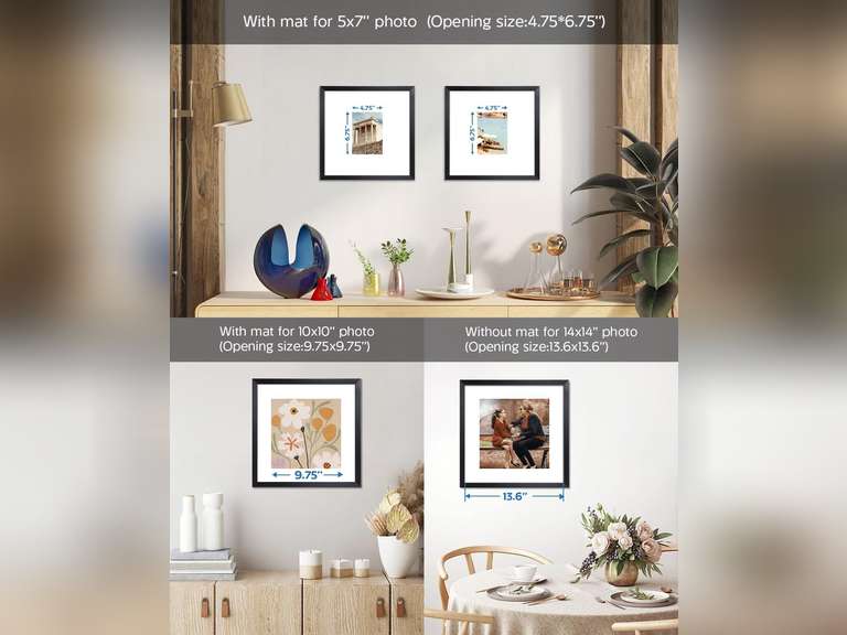 14x14 Square Frame Display Picture 10x10 or 5x7 with Mat or 14x14 without Mat, Solid Wood Acrylic Cover Photo Poster Frames for Gallery Wall Mounting Home D cor Gift, (2 Pack, Black) 37