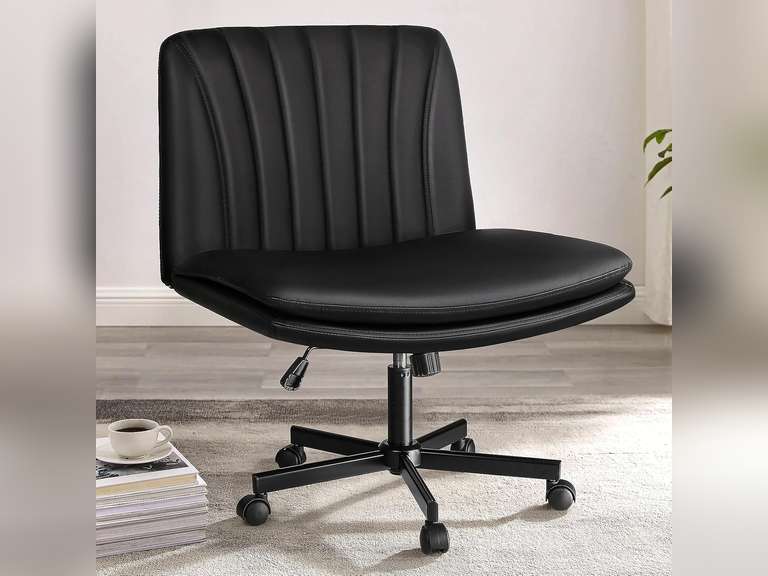 PUKAMI Criss Cross Chair with Wheels,PU Leather Armless Cross Legged Office Vanity Desk Chair for Home Office,Modern Swivel Height Adjustable Wide Seat(Black) 80