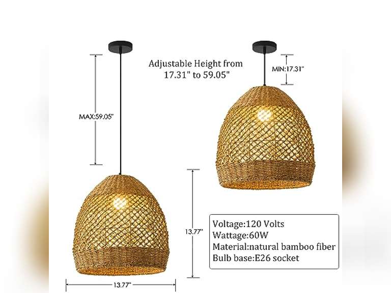 Rattan Pendant Light,13.77" Rustic Hand-Woven Wicker Hanging Light Water Plants Rattan Chandelier for Dining Living Bedroom Kitchen Farmhouse 117