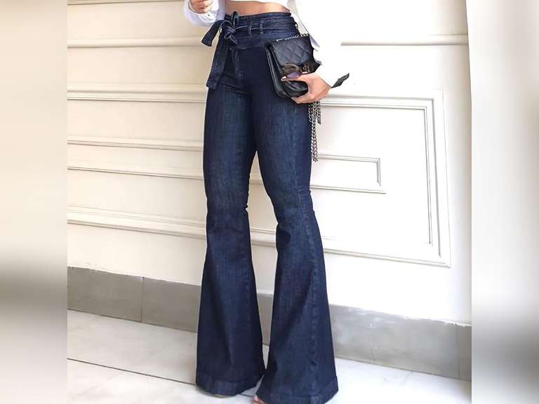 Pantete Womens High Waisted Bell Bottom Jeans Denim High Rise Flare Jean Pants with Wide Leg and Belt size S 37
