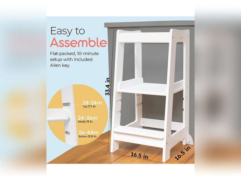 Stepup Baby Toddler Tower Step High Chair | Montessori Inspired | Wooden Step Stool for Preschool Kids | Adjustable for 18 Month - 5 Years | Includes Safety Rail - Natural - White 130