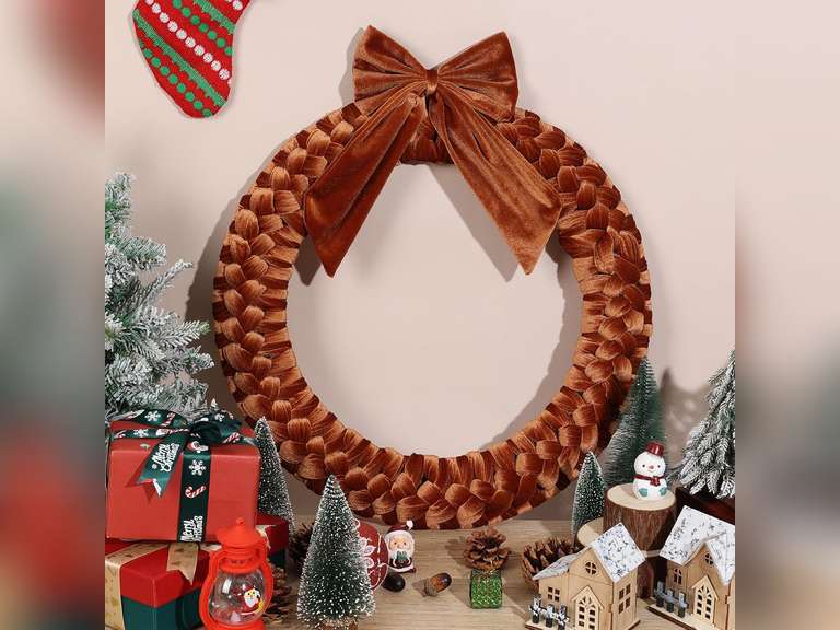 Christmas Velvet Wreath,Velvet Front Door Wreaths Christmas Wall Decor with Bow Holiday Wall Hanging Wreath for Christmas Party Table Fireplaces Porch Walls Decorations (Bronze, 18inch) 36