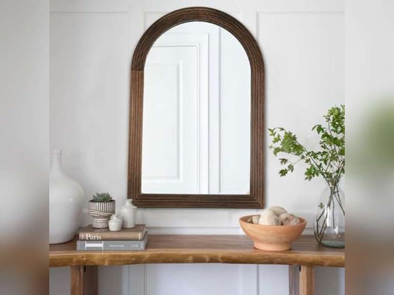 LOSOUR Arched Mirror, Farmhouse Decor Solid Wood Frame Wall Mirror, Bathroom Mirrors, Large Vintage Mirror for Bathroom, Living Room,Bedroom, Entryway, Hallway,Foyer (Coffee, 20inch*30inch) 60