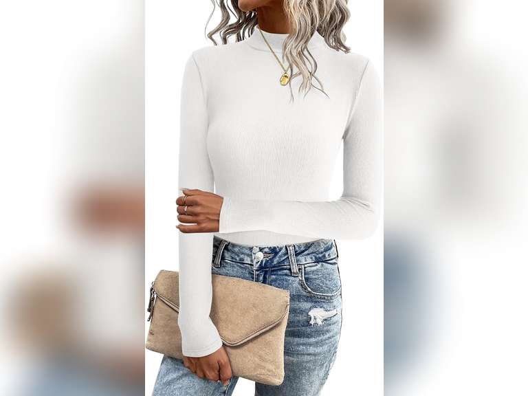 Zeagoo Women's Long Sleeve Stretch Shirts Mock Neck Ribbed T-Shirt Fitted Casual Basic Tops 2024, L 15
