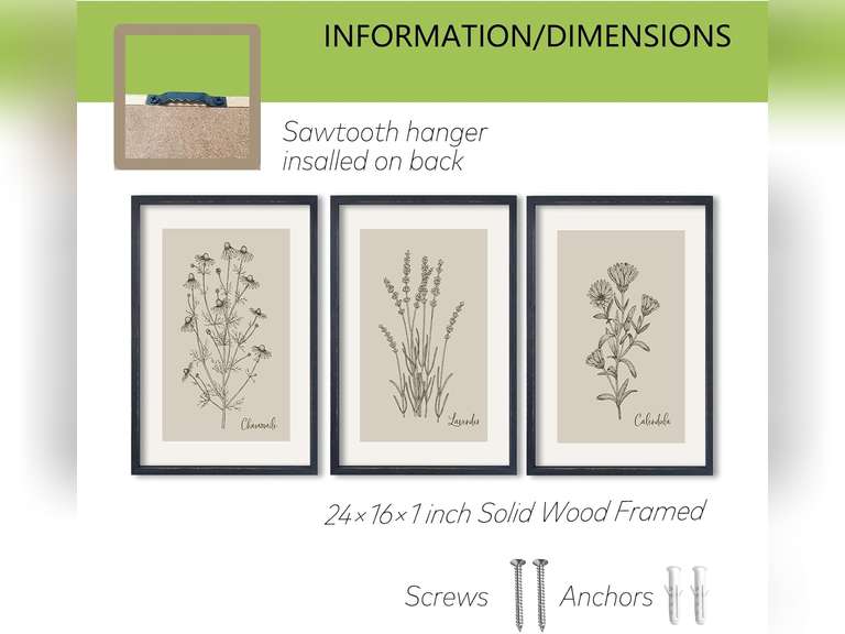 Vintage Antique Garden Wildflowers Sign Wall Art Decor 24"x16" Set Of 3 Living Room Soild Wood Framed Farmhouse Bedroom Modren Minimalist Floral Botanical Flowers Wall Hanging (Black) 59