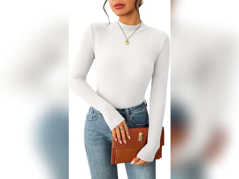 Zeagoo Women's Long Sleeve Stretch Shirts Mock Neck Ribbed T-Shirt Fitted Casual Basic Tops 2024, L 15