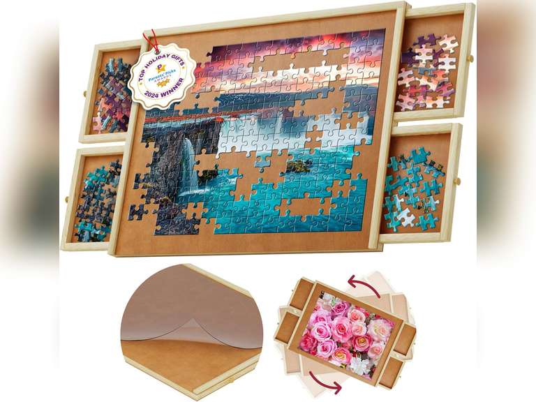 1000 Piece Wooden Jigsaw Puzzle Table - 4 Drawers, Rotating Puzzle Board | 30 X 22 Jigsaw Puzzle Board | Puzzles Cover Included - Portable Puzzle Tables for Adults and Kids by Beyond Innoventions 45