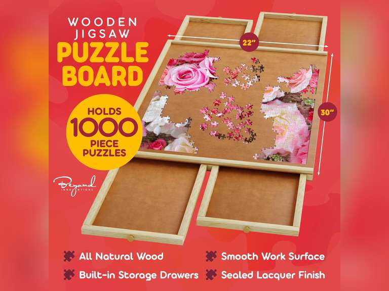 1000 Piece Wooden Jigsaw Puzzle Table - 4 Drawers, Rotating Puzzle Board | 30 X 22 Jigsaw Puzzle Board | Puzzles Cover Included - Portable Puzzle Tables for Adults and Kids by Beyond Innoventions 45