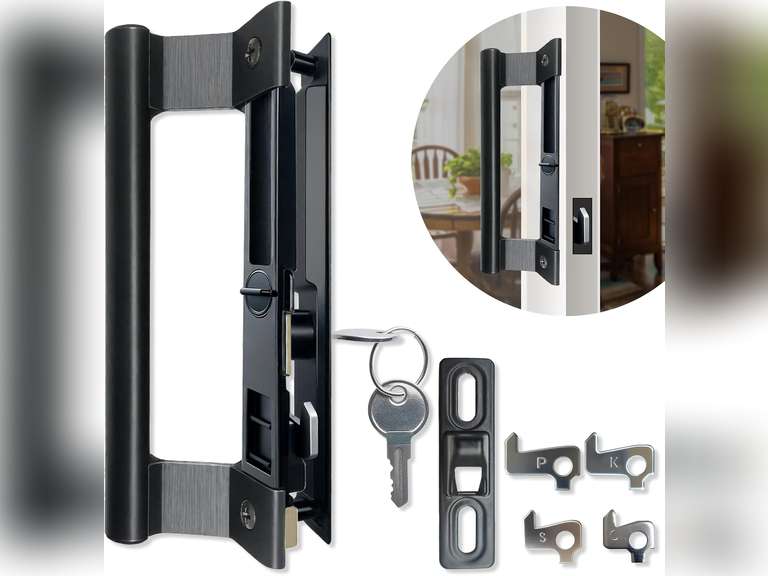 Sliding Glass Door Handle Set with Lock - Easy to Install,Patio Sliding Door Handle Fits for 1 to 1-1/8 Door Thickness,6-5/8" Screw Hole Spacing,Perfectly Replacement for Old Handle(Black) 23