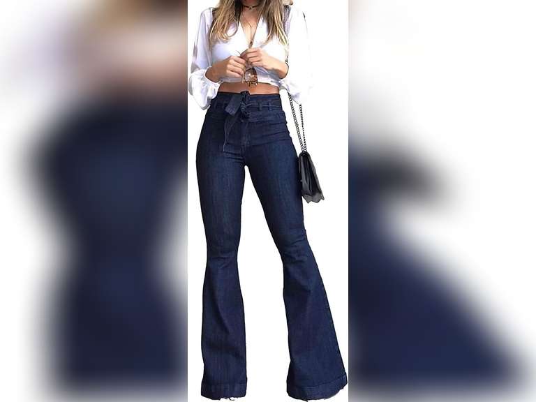 Pantete Womens High Waisted Bell Bottom Jeans Denim High Rise Flare Jean Pants with Wide Leg and Belt size S 37