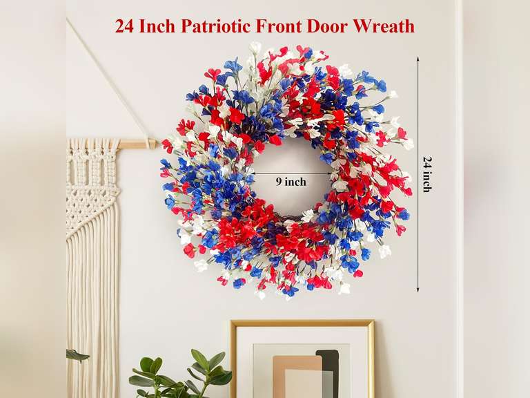 24 Inch Patriotic Wreaths for Front Door, 4th of July Wreath Summer Forsythia Wreath for Memorial Day Independence Day Farmhouse Porch Window Door Decor 50
