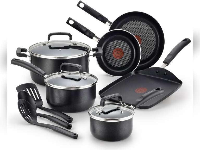 T-fal Signature Nonstick Cookware Set 12 Piece, Oven Broiler Safe 350F, Pots and Pans, Kitchen Cooking Set w/Fry Pans, Saucepans, Saute Pan, Dutch Oven, Griddle, Kitchen, Home, Dishwasher Safe, Black 89